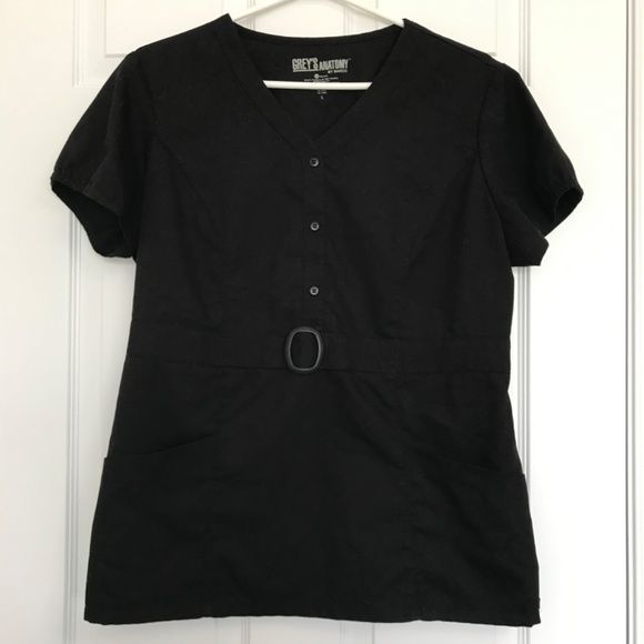Grey's Anatomy Scrub Top Black L Front Pockets Half Button Waist Accent - Picture 1 of 16